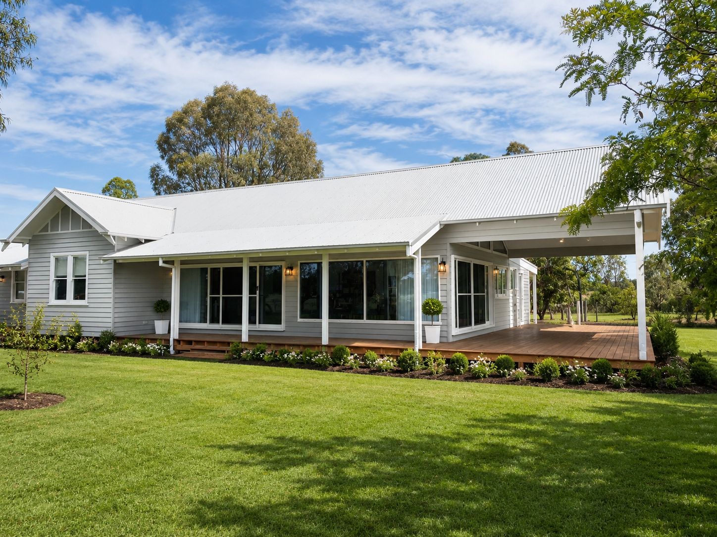 Weatherboard country home facade with wraparound deck